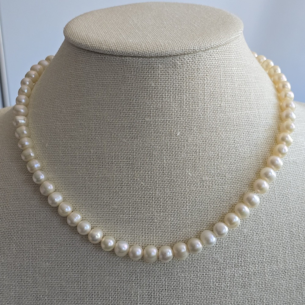 17" White Freshwater Pearl Necklace – 925 Sterling Silver Clasp, Classic Strand
